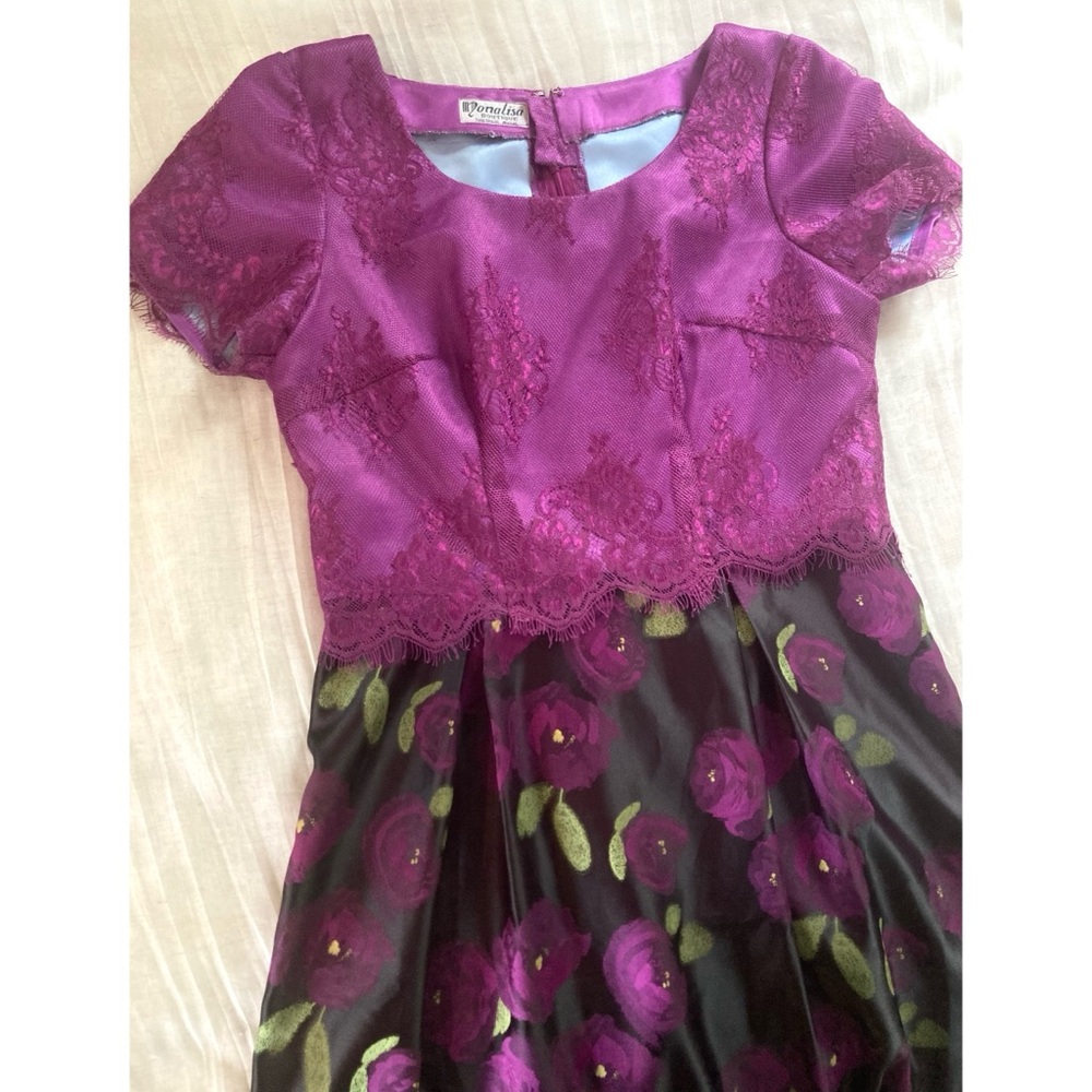 Floral Jacquard Cocktail Dress Eyelash Lace Magenta/Purple Short-Sleeved OOAK